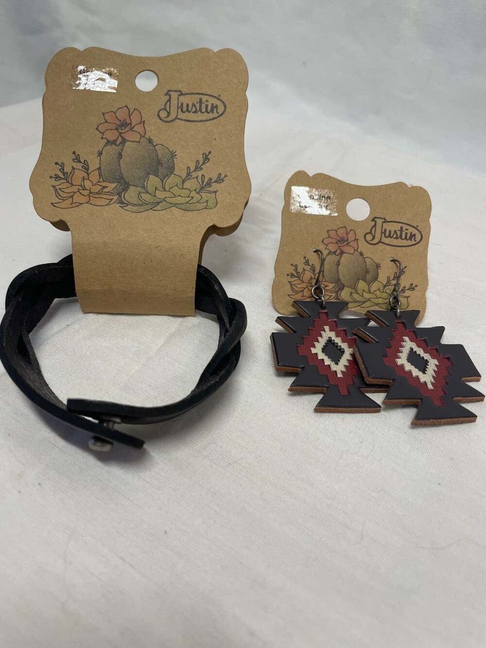 Justin Boot Barn Dark Brown Leather Bracelet and pair of Dangle Earrings NWT
